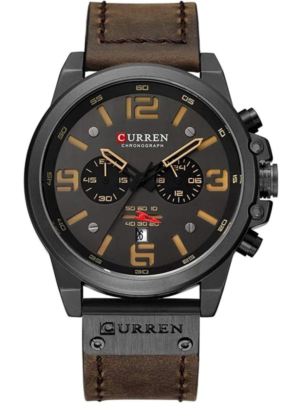 Mens Black And Coffee Analog Leather Strap Sandwich Dial Chronograph Wrist Watch